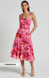 Marina Midi Dress - Tie Shoulder Ruched Bust Dress in Evie Print