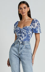 Liana Top - Short Sleeve Bustier Top in White and Blue Floral