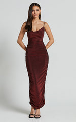 Roma Midi Dress - Ruched Cowl Neck Dress in Berry