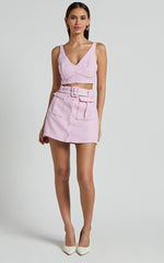 Sarah Two Piece Set - V Neck Crop Top and Belted Utility Mini Skirt in Pale Pink