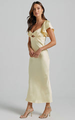 Emberlynn Midi Dress - Flutter Sleeve Cut Out Satin Dress in Butter Yellow