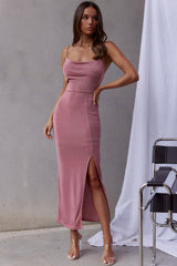 Frieda Cowl Neck Front Split Midi Dress Mauve