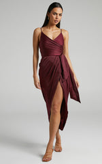 How Will I Know Midi Dress - Wrap Waist Tie Tulip Hem Dress in Wine