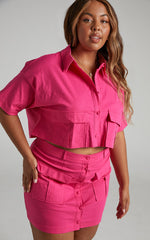Navine Two Piece Set - Button Front Crop Top and Cargo Pocket Mini Skirt Set in Hot Pink