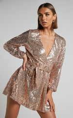 Three Of Us Mini Dress - Long Sleeve Wrap Dress in Gold Sequin
