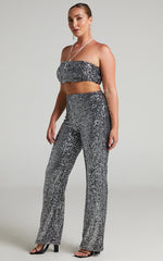 Imogen Two Piece Set - Bandeau Top and Straight Pants Set in Gunmetal