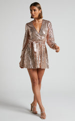 Three Of Us Mini Dress - Long Sleeve Wrap Dress in Gold Sequin