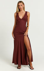 Adalita Midi Linen Blend Dress - V Neck Cowl Back Bias Cut Dress in Chocolate