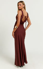 Adalita Midi Linen Blend Dress - V Neck Cowl Back Bias Cut Dress in Chocolate