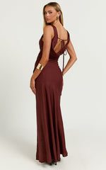 Adalita Midi Linen Blend Dress - V Neck Cowl Back Bias Cut Dress in Chocolate