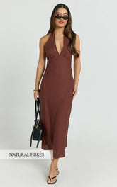 Adele Midi Dress - Halter Plunge Bias Cut Dress in Chocolate