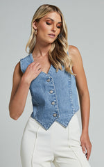 Adriene Top - Button Through Denim Vest in Mid Blue Wash