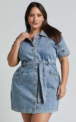 Aelicia Mini Dress - Button Through Denim Dress in Mid Blue Wash