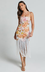 Alana Midi Dress - Embroidered Lace Dress With Fringing Detail in Pink