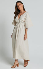 Alectra Midi Dress - Plunge Neck 3/4 Sleeve Cross Back A Line Dress in Stone