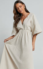 Alectra Midi Dress - Plunge Neck 3/4 Sleeve Cross Back A Line Dress in Stone