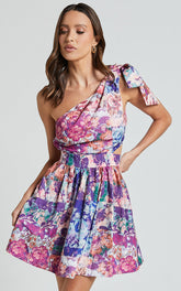Alice Mini Dress - One Shoulder Side Cut Out Dress in Vintage Garden Print