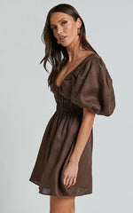 Amalie The Label - Khaila Linen Plunge Puff Sleeve Mini Linen Dress in Chocolate
