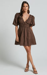 Amalie The Label - Khaila Linen Plunge Puff Sleeve Mini Linen Dress in Chocolate