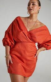 Anastasija Mini Dress - Off Shoulder V Neck Dress in Paprika