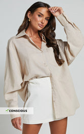 Anziel Top - Oversized Long Sleeve Linen Blend Shirt in Oatmeal