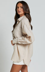 Anziel Top - Oversized Long Sleeve Linen Blend Shirt in Oatmeal