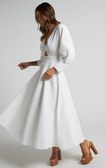 Ashtina Midi Dress - V Neck Cut Out Puff Sleeve Dress in White