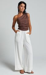Bailey Top - Linen One Shoulder Pleated Bodice Top in Chocolate
