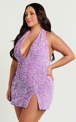 Benita Mini Dress - Plunge Halter Low Back Sequin Dress in Lilac