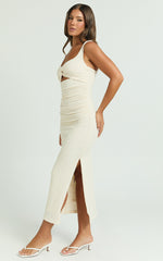 Bianca Midi Dress - Twist Front Cut Out Ruched Dress in Cream