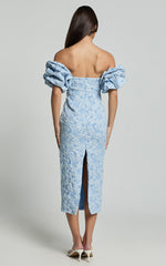 Brielle Midi Dress - Off the Shoulder Short Sleeve Sweetheart Dress in Soft Blue