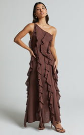 Britney Midi Linen Blend Dress - One Shoulder Ruffle Detail Dress in Chocolate