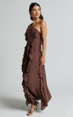 Britney Midi Linen Blend Dress - One Shoulder Ruffle Detail Dress in Chocolate