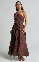 Britney Midi Linen Blend Dress - One Shoulder Ruffle Detail Dress in Chocolate