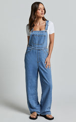 Brixton Jumpsuit - Straight Leg Denim Overalls in Mid Blue Wash