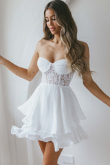 In Your Arms Strapless Lace Bodice Layered Hem Mini Dress White