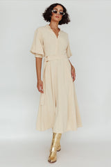 Mallory Belted Waist Lantern Sleeve Midi Dress Beige