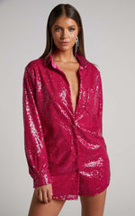 Cally Mini Dress - Oversized Shirt Dress in Cherry Sequin
