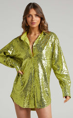 Cally Mini Dress - Oversized Shirt Dress in Green Sequin