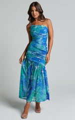 Carlyn Midi Dress - One Shoulder Ruched Dropped Waist Dress in Green