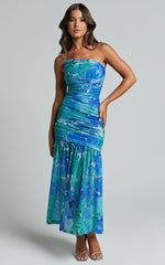 Carlyn Midi Dress - One Shoulder Ruched Dropped Waist Dress in Green