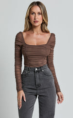 Casen Bodysuit - Long Sleeve Ruched Mesh Bodysuit in Chocolate