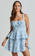Cassia Mini Dress - Ruched Bust Sleeveless Layered Dress in Blue and White Print