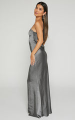 Charlita Maxi Dress - Strapless Cowl Back Satin Dress in Charcoal