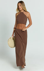Chelsea Two Piece Set - Linen Halter Neck Top and Bias Cut Sheer Maxi Skirt in Chocolate