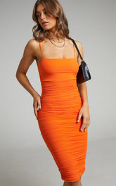 Coming For You Midi Dress - Mesh Dress in Burnt Orange