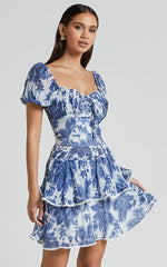 Liana Top - Short Sleeve Bustier Top in White and Blue Floral