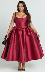 Courtney Midi Dress - Corset Panel Low Back Dress in Wine