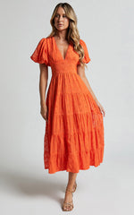 Divora Midi Dress - Plunge Balloon Sleeve Tiered Dress in Orange