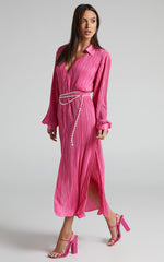Donelli Midi Dress - Plisse Oversized Collared Shirt Dress in Pink